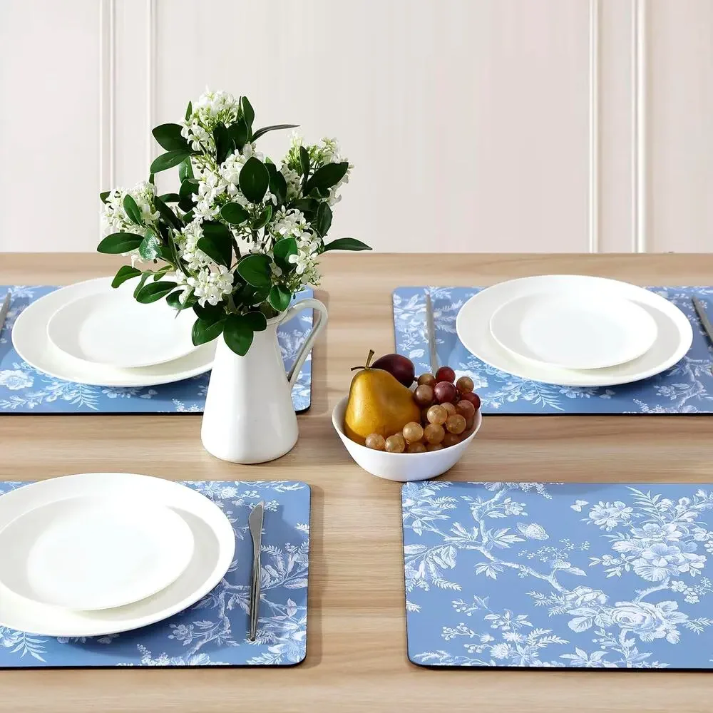 Laura Ashley Cork Placemats 12x16 Blue & White Spring Floral Set of 4 NEW